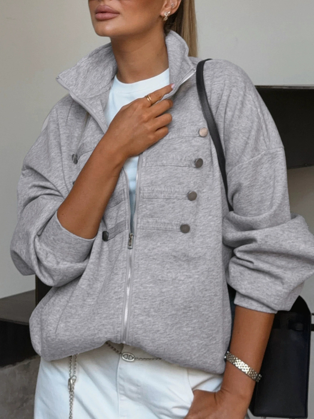 Forever 21 Casual Napoleon Stand Collar Sweatshirt Fall Street Loose Gray
